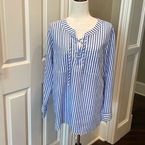 Talbots 100% Cotton Long Sleeve Striped Top Blouse Blue/White L Petite